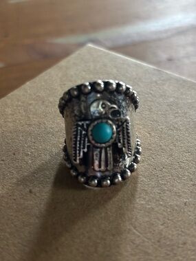 Turquoise Accent Silver Tone Thunderbird Statement Ring